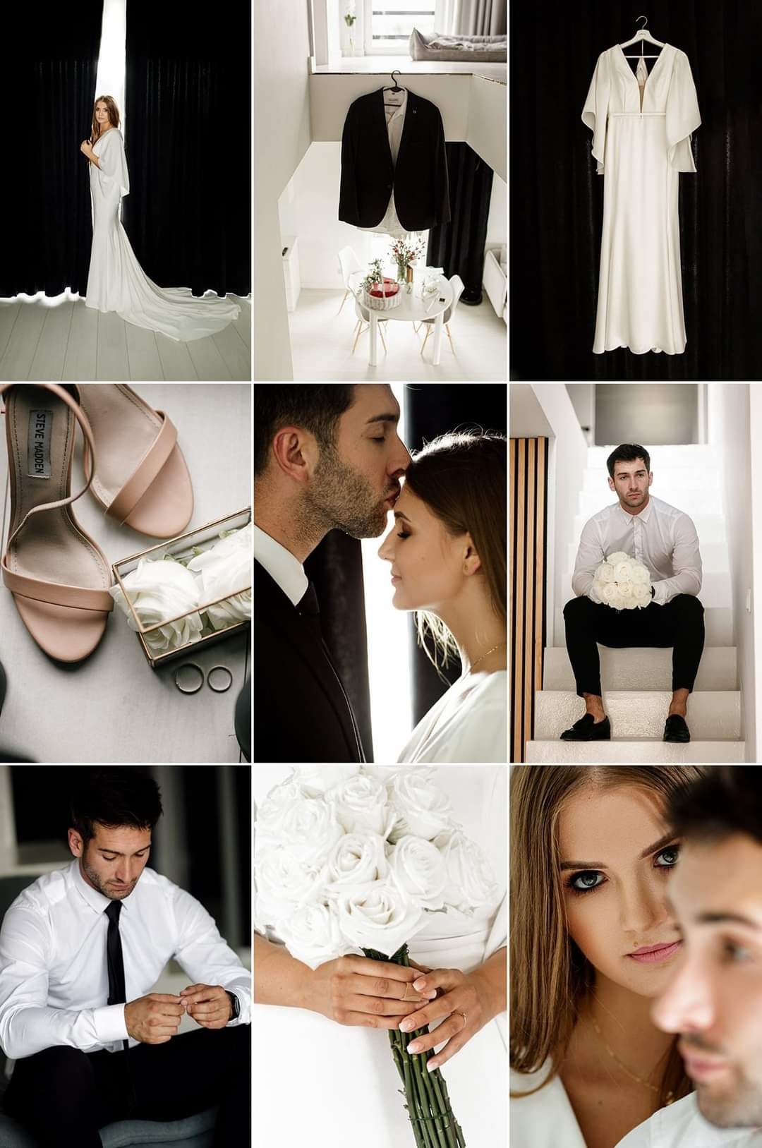 Kolaż z przygotowań do ślubu: panna młoda w sukni, garnitur na wieszaku, bukiet białych róż, obrączki, pocałunek pary młodej, portret mężczyzny i kobiety.