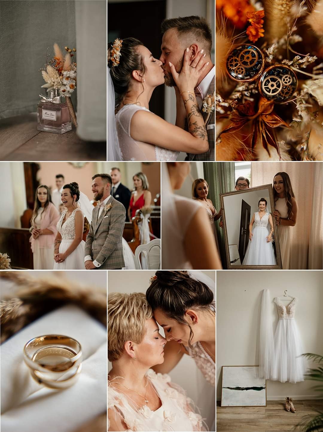 Kolaż z przygotowań ślubnych: flakon perfum z suszonymi kwiatami, całująca się para młoda, detale biżuterii, uśmiechnięta para w kościele, panna młoda oglądająca się w lustrze, obrączki ślubne...
