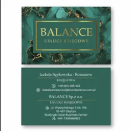 Wizytówka firmy księgowej z nazwą Balance, na tle abstrakcyjnego marmuru w odcieniach zieleni i złota, zawierająca dane kontaktowe i adres firmy w Olsztynie.