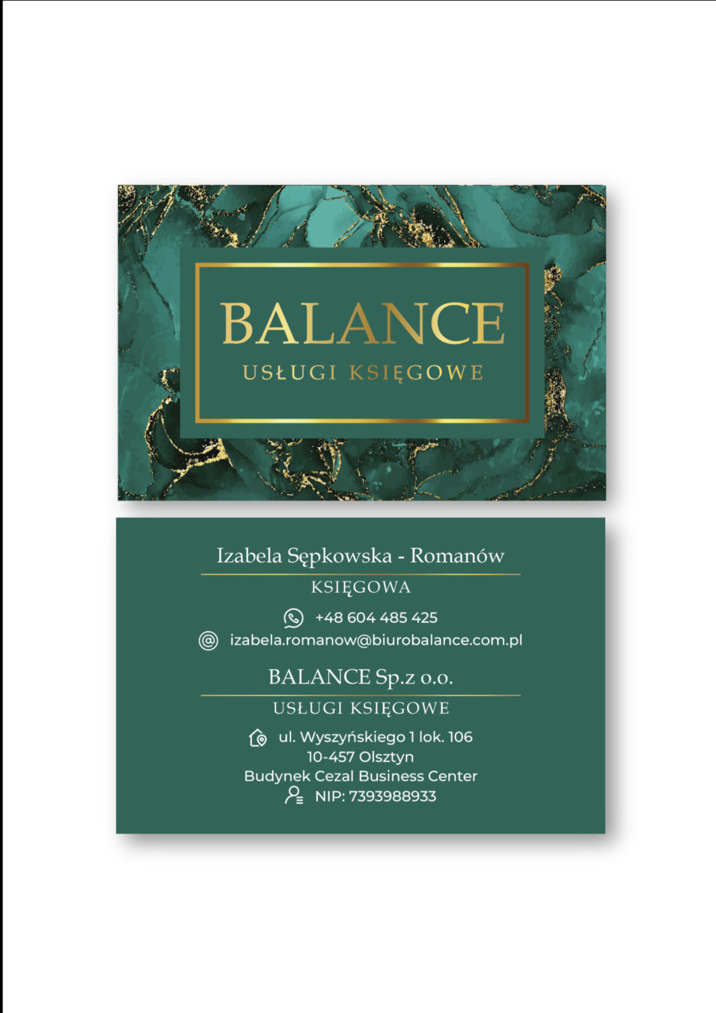 Wizytówka firmy księgowej z nazwą Balance, na tle abstrakcyjnego marmuru w odcieniach zieleni i złota, zawierająca dane kontaktowe i adres firmy w Olsztynie.