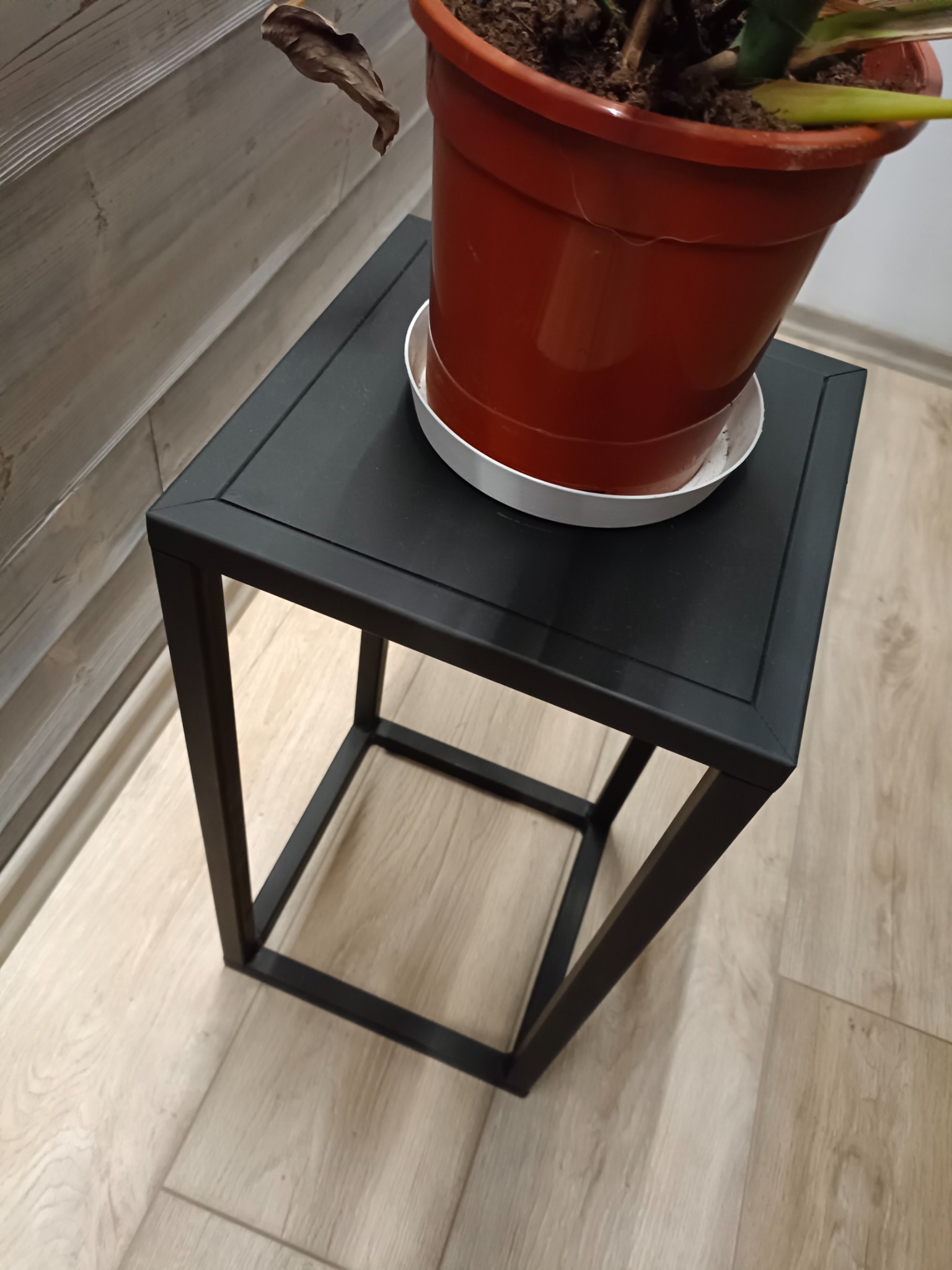 Czarny, metalowy stolik-kwadrat z doniczką na blacie, minimalistyczny design, ustawiony na panelach podłogowych.
