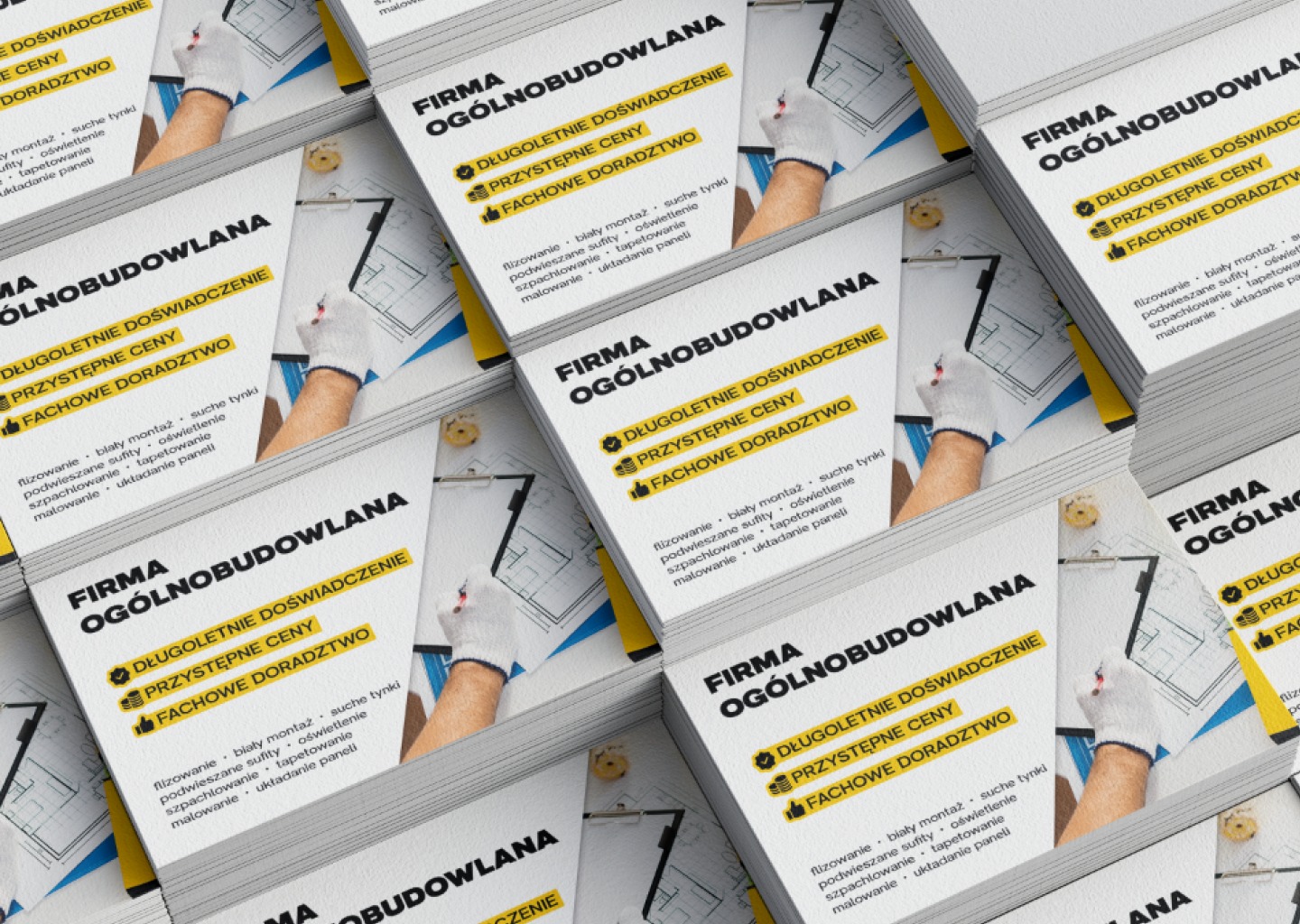 Stos ulotek reklamowych firmy budowlanej z informacją o długoletnim doświadczeniu, przystępnych cenach i fachowym doradztwie, z dłonią w białej rękawicy zaznaczającą coś na planie mieszkania.