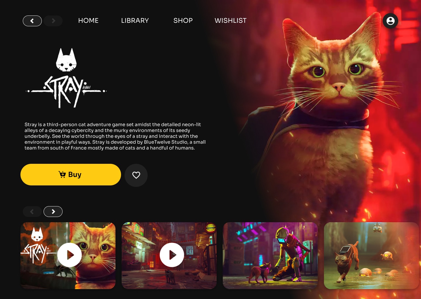 Promocyjna grafika z gry Stray, przedstawiająca realistycznego kota w neonowo oświetlonym, cyberpunkowym otoczeniu. Interfejs użytkownika strony internetowej z przyciskami nawigacyjnymi i opcją...