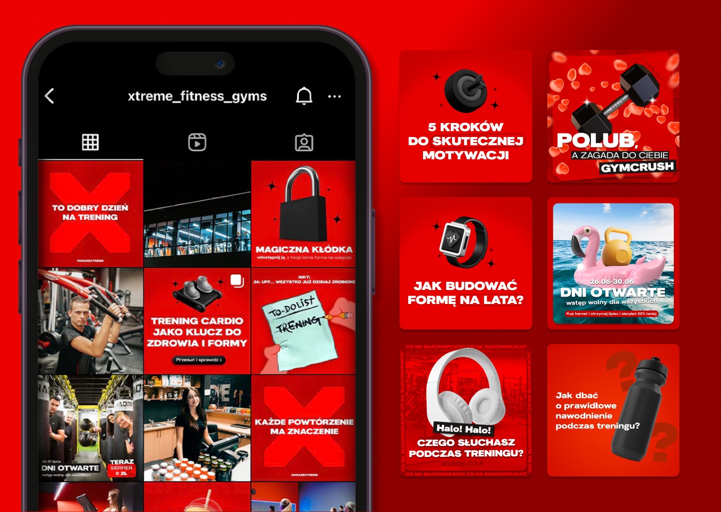 Ekran smartfona prezentujący profil Instagram siłowni Xtreme Fitness Gyms z siatką postów o tematyce treningowej, motywacyjnej i informującej o dniach otwartych.