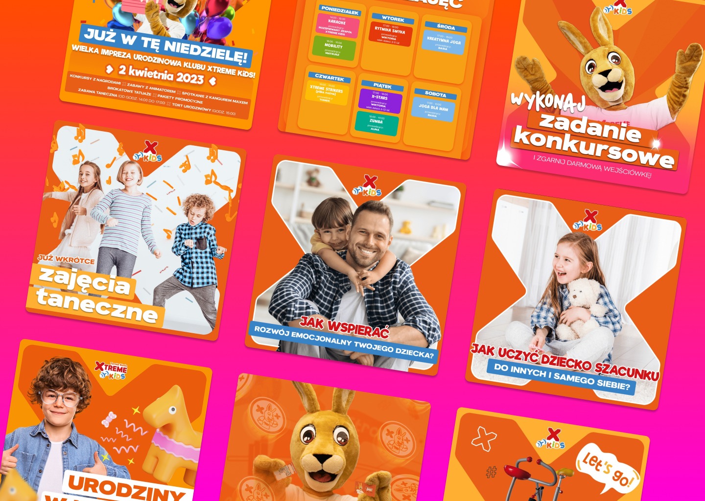 Ulotka reklamowa klubu Xtreme Kids z ofertą zajęć dla dzieci, w tym urodzin, zajęć tanecznych, karaoke, rytmiki, jogi i zumby, oraz konkursu z nagrodami.