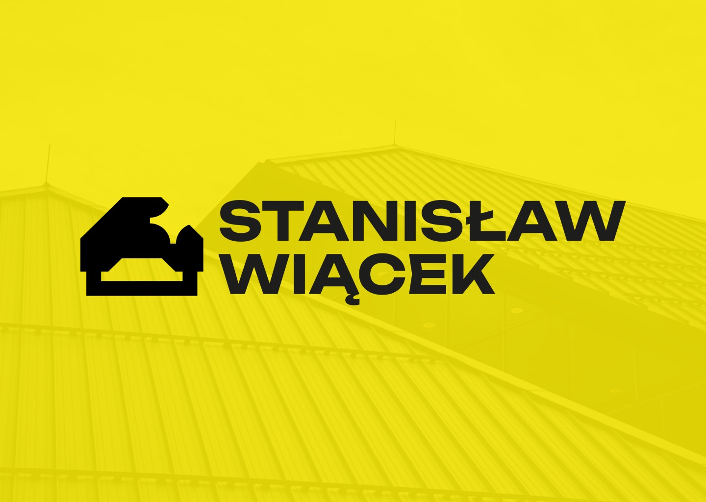 Logo firmy 'Stanisław Wiącek' na żółtym tle z motywem dachu w tle.
