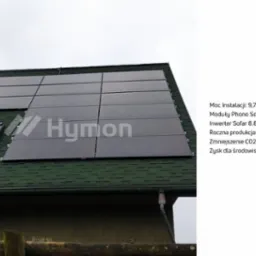 Panele słoneczne marki Hymon na zielonym dachu z dachówki bitumicznej, widoczne okno dachowe, pochmurne niebo.