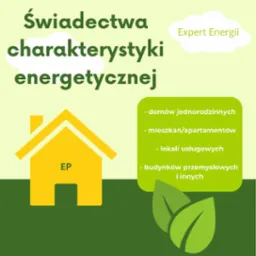 Grafika informacyjna o świadectwach charakterystyki energetycznej budynków, z ikoną domu z symbolem EP i listą typów budynków.