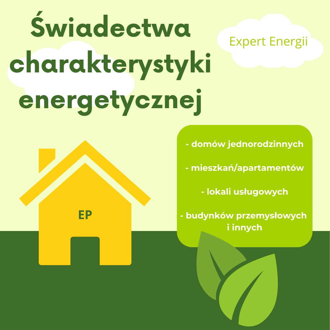Grafika informacyjna o świadectwach charakterystyki energetycznej budynków, z ikoną domu z symbolem EP i listą typów budynków.