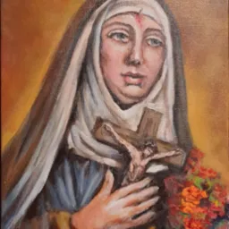 Portret olejny Świętej Rity z krzyżem i kwiatami, widoczna sygnatura malarza w lewym dolnym rogu.