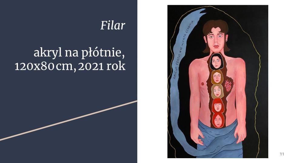 Akrylowy obraz na płótnie o wymiarach 120x80 cm z 2021 roku, przedstawiający postać z otwartą klatką piersiową, w której umieszczone są portrety twarzy i serce, całość utrzymana w stylistyce...