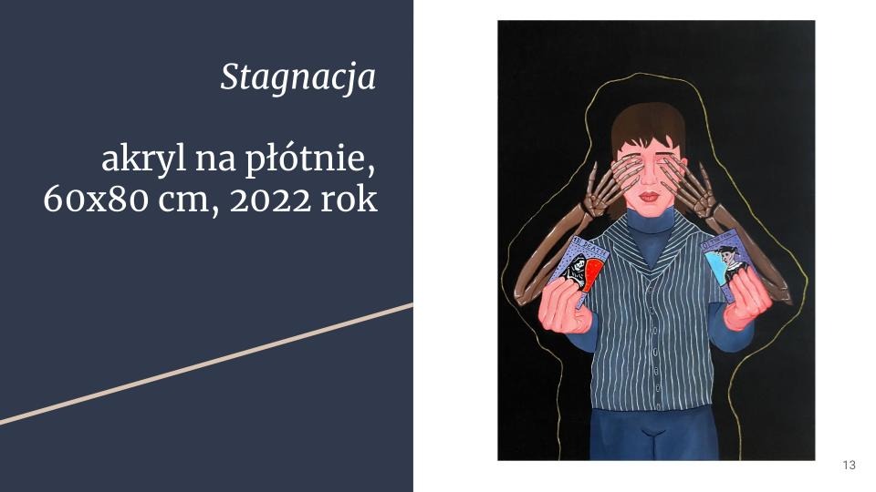 Akrylowy obraz na płótnie 60x80 cm z 2022 roku, przedstawiający postać z zasłoniętymi oczami przez szkieletowe dłonie trzymającą karty tarota.