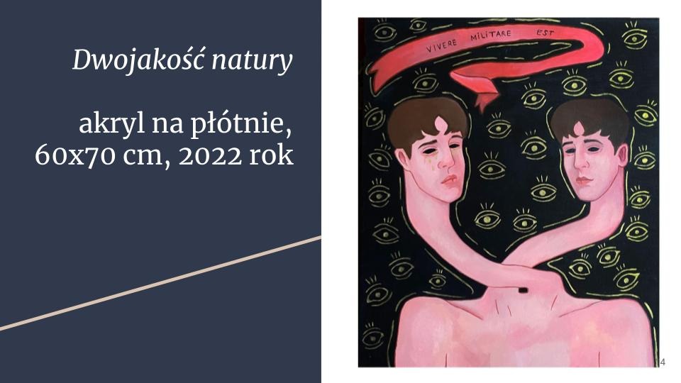 Abstrakcyjny obraz akrylowy przedstawiający dwie głowy połączone szyją na tle czarnym z motywem oka, nad głowami czerwona wstęga z napisem VIVERE MILITARE EST.