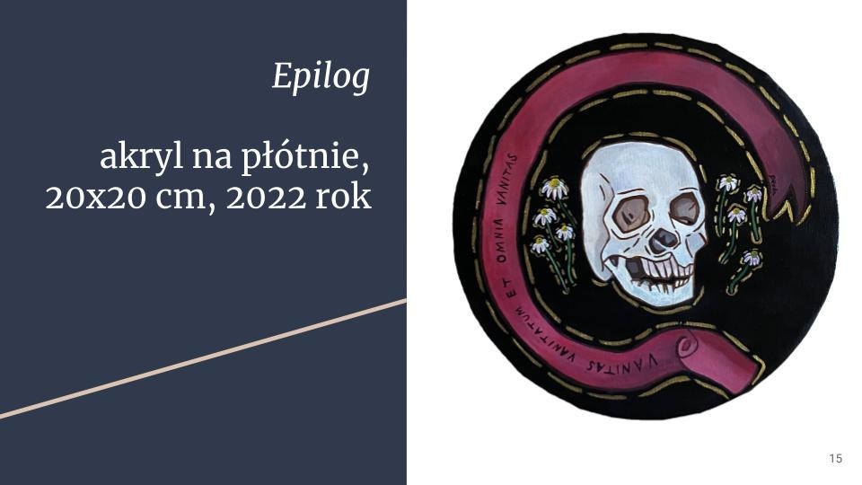 Obraz akrylowy na płótnie 20x20 cm z 2022 roku, przedstawiający czaszkę otoczoną kwiatami i napisem 'Omnia Vanitas'.