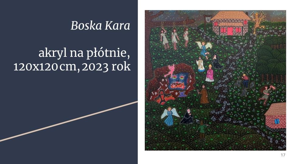 Pejzaż fantastyczny na płótnie przedstawiający postacie w scenerii z domem, aniołami i demonem, akryl, praca Boska Kara.