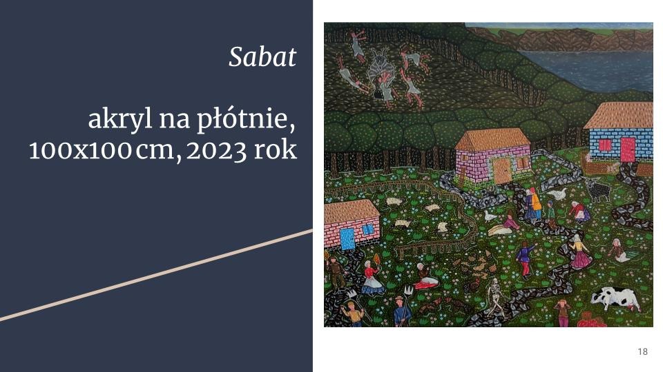 Obraz akrylowy na płótnie 100x100 cm, przedstawiający wiejski krajobraz z domami, zwierzętami i postaciami ludzkimi, w górnej części las i jezioro, na niebie unoszące się postaci.