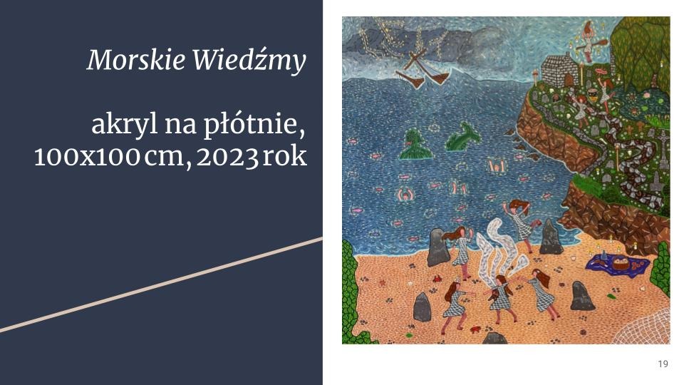 Akrylowy obraz na płótnie 100x100 cm z 2023 roku, zatytułowany 'Morskie Wiedźmy', przedstawiający grupę kobiet na plaży, morski krajobraz z ruinami i wiszącymi kotwicami na niebie.
