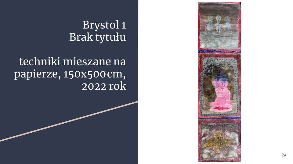 Praca plastyczna techniką mieszaną na papierze, przedstawiająca trzy abstrakcyjne sceny w pionowym układzie: trzy postacie w wodzie, postać w różowej sukni i owad z rozpostartymi skrzydłami.