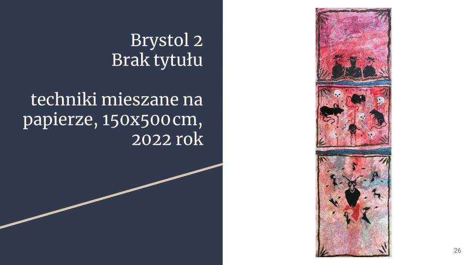 Grafika 'Brak tytułu' z 2022 roku, technika mieszana na papierze o wymiarach 150x500 cm, przedstawiająca trzy segmenty z motywami sylwetek w kapeluszach, czaszek, szczurów i postaci demonicznych...