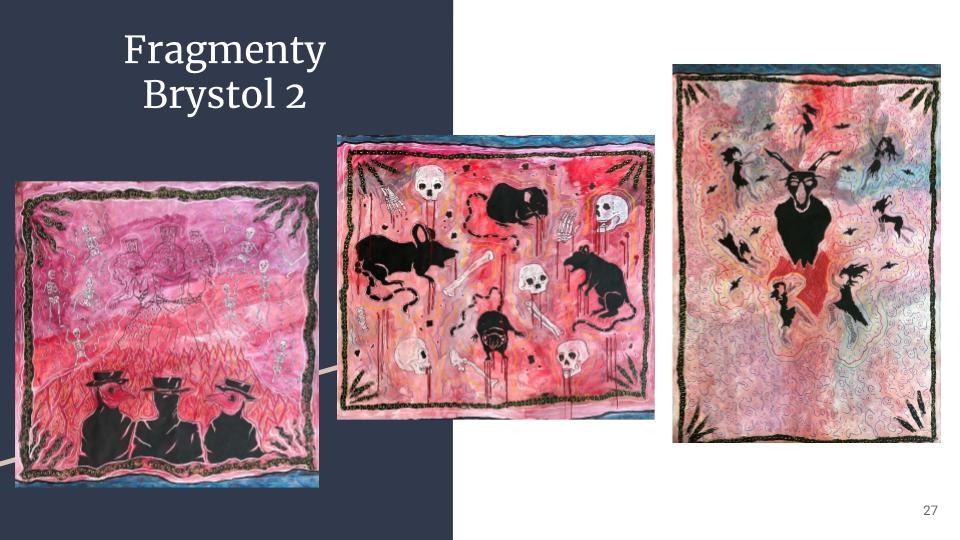 Kompozycja trzech kwadratowych obrazów w odcieniach różu i czerni, prezentujących motywy śmierci, zwierząt i postaci w kapeluszach, z dekoracyjną obwódką.