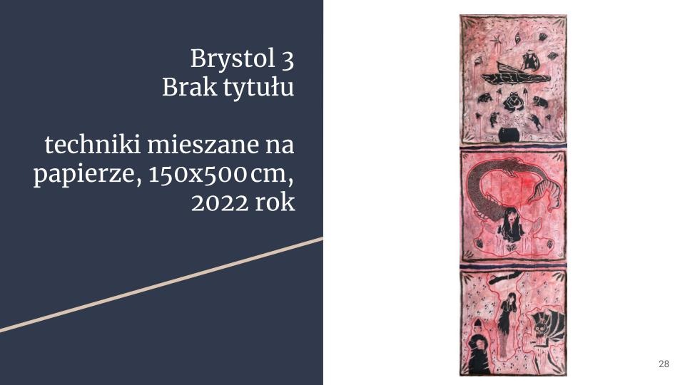 Grafika na papierze techniką mieszaną, przedstawiająca trzy segmenty z abstrakcyjnymi scenami w odcieniach czerwieni i czerni, w tym postać syreny.
