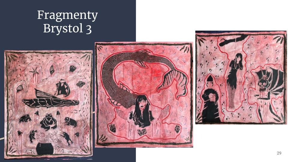 Trzy obrazy w odcieniach czerwieni i czerni: pierwszy z motywami morskimi i żabami, drugi z syreną, trzeci z postaciami w stylu gotyckim.