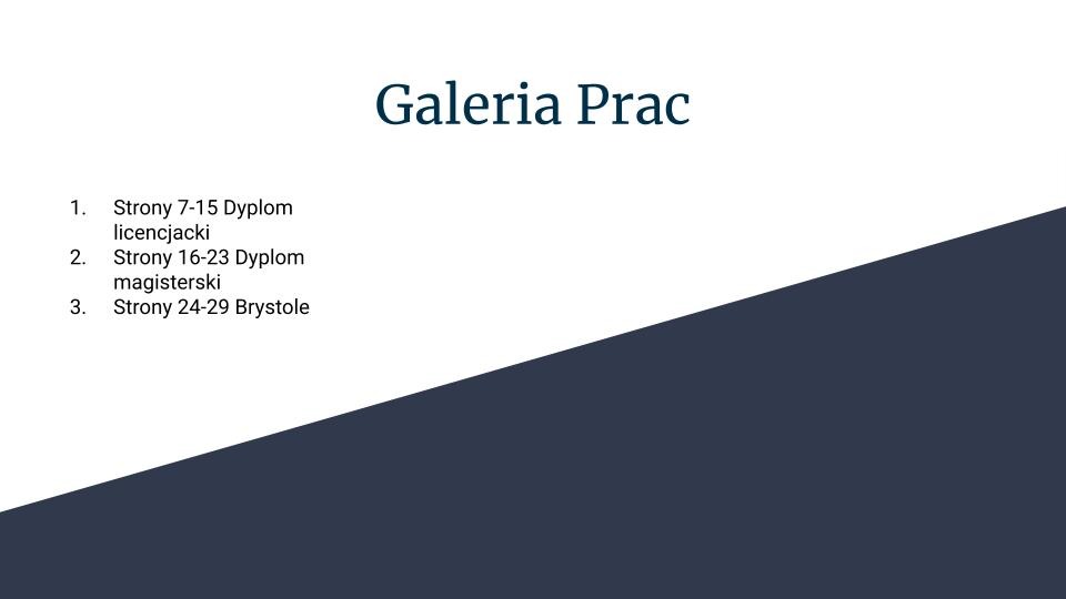 Slajd prezentujący spis prac, z podziałem na dyplomy licencjackie, magisterskie i rysunki na brystolu.