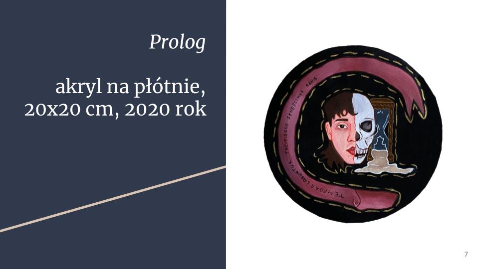 Obraz akrylowy na płótnie 20x20 cm z 2020 roku przedstawiający portret osoby z połową twarzy jako czaszka i klepsydrą, otoczony napisem 'TEMPORA LABUNTUR TACITISQUE SENESCIMUS ANNIS'.