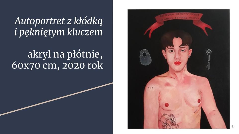 Autoportret akrylowy na czarnym tle przedstawiający młodego mężczyznę z czerwonymi ustami, tatuażami na torsie, kłódką i kluczem w tle oraz czerwoną wstążką z napisem.