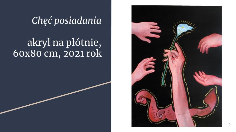 Obraz akrylowy na czarnym tle przedstawiający dłoń trzymającą stylizowaną, świecącą lilię otoczoną innymi dłońmi i abstrakcyjnymi elementami z łacińskimi napisami.