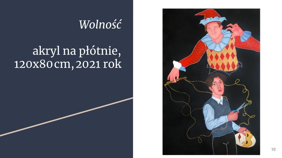 Obraz akrylowy na płótnie 120x80 cm z 2021 roku, przedstawiający marionetkę w stroju arlekina i młodego mężczyznę z nożyczkami, trzymającego maskę.