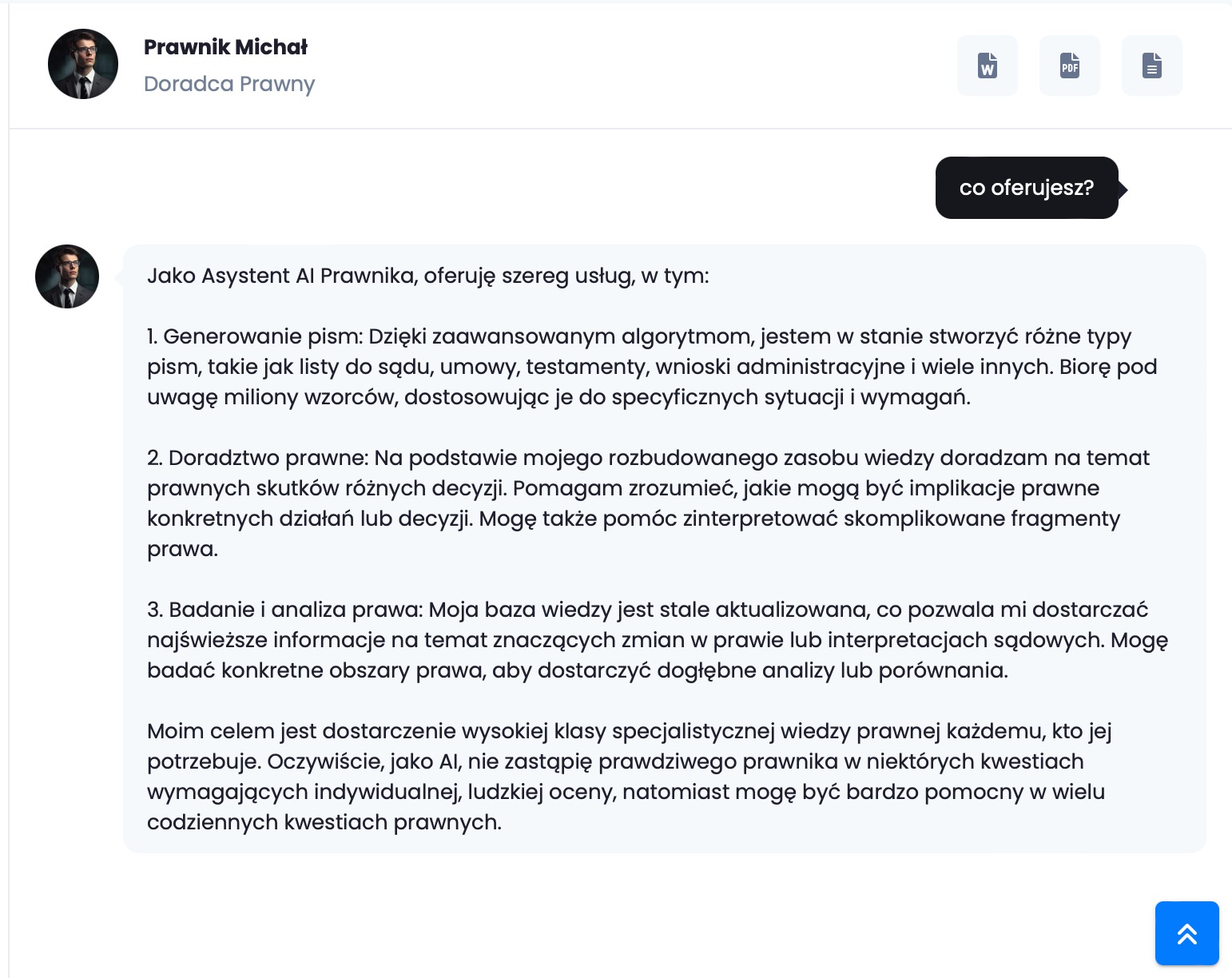 Profil doradcy prawnego Michała z informacjami o usługach generowania pism, doradztwa prawnego i analizy prawa, oferowanych przez asystenta AI.
