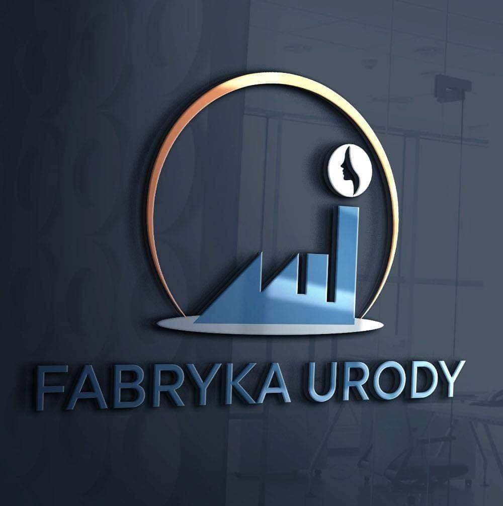 Graficzne logo 'Fabryka Urody' z sylwetką twarzy w okręgu, stylizowane na fabrykę z niebieskimi elementami na ciemnym tle.