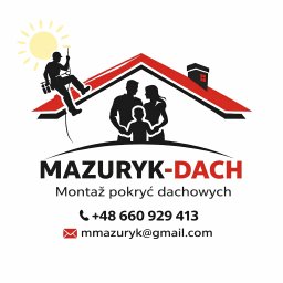 Mykhailo Mazuryk - Grafika z logotypem firmy dekarskiej: sylwetka dekarza przy pracy, zarys domu z rodziną, nazwa 'MAZURYK-DACH' i dane kontaktowe. Montaż pokryć dachowych.