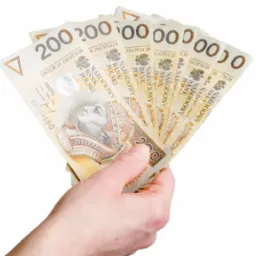Dłoń trzymająca wachlarz z banknotów 200 zł, widoczne nominały i portret króla Zygmunta Starego.