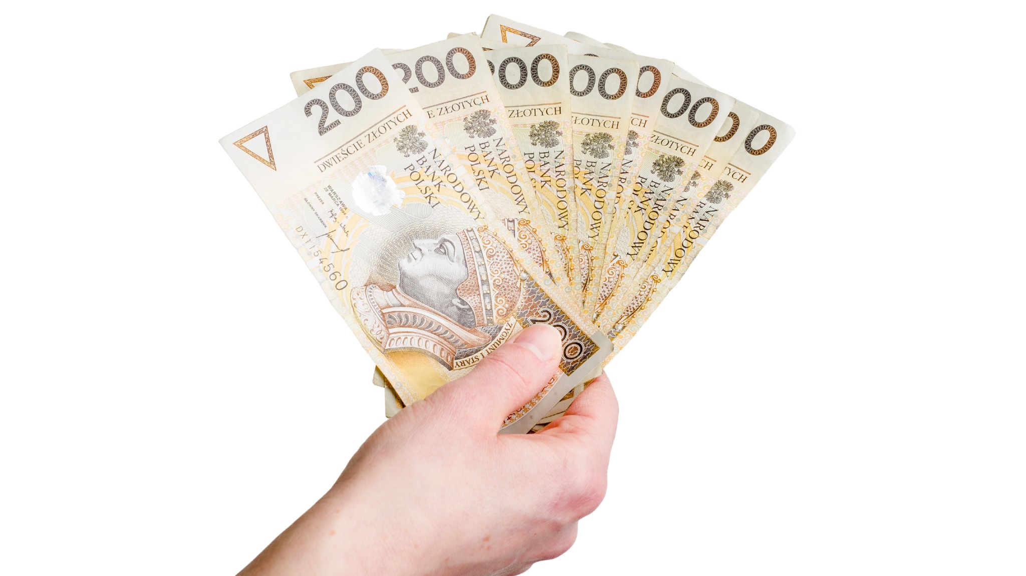 Dłoń trzymająca wachlarz z banknotów 200 zł, widoczne nominały i portret króla Zygmunta Starego.