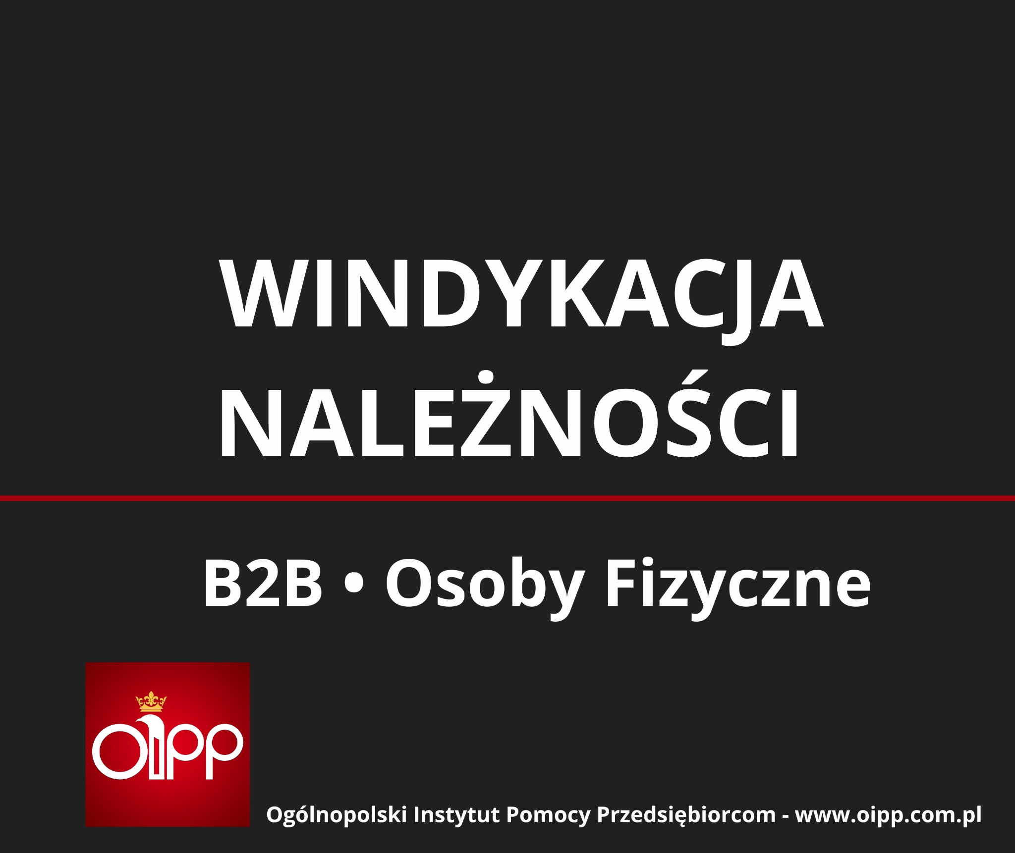 Grafika z napisem 'Windykacja Należności', skierowana do B2B i osób fizycznych, z logo Ogólnopolskiego Instytutu Pomocy Przedsiębiorcom.