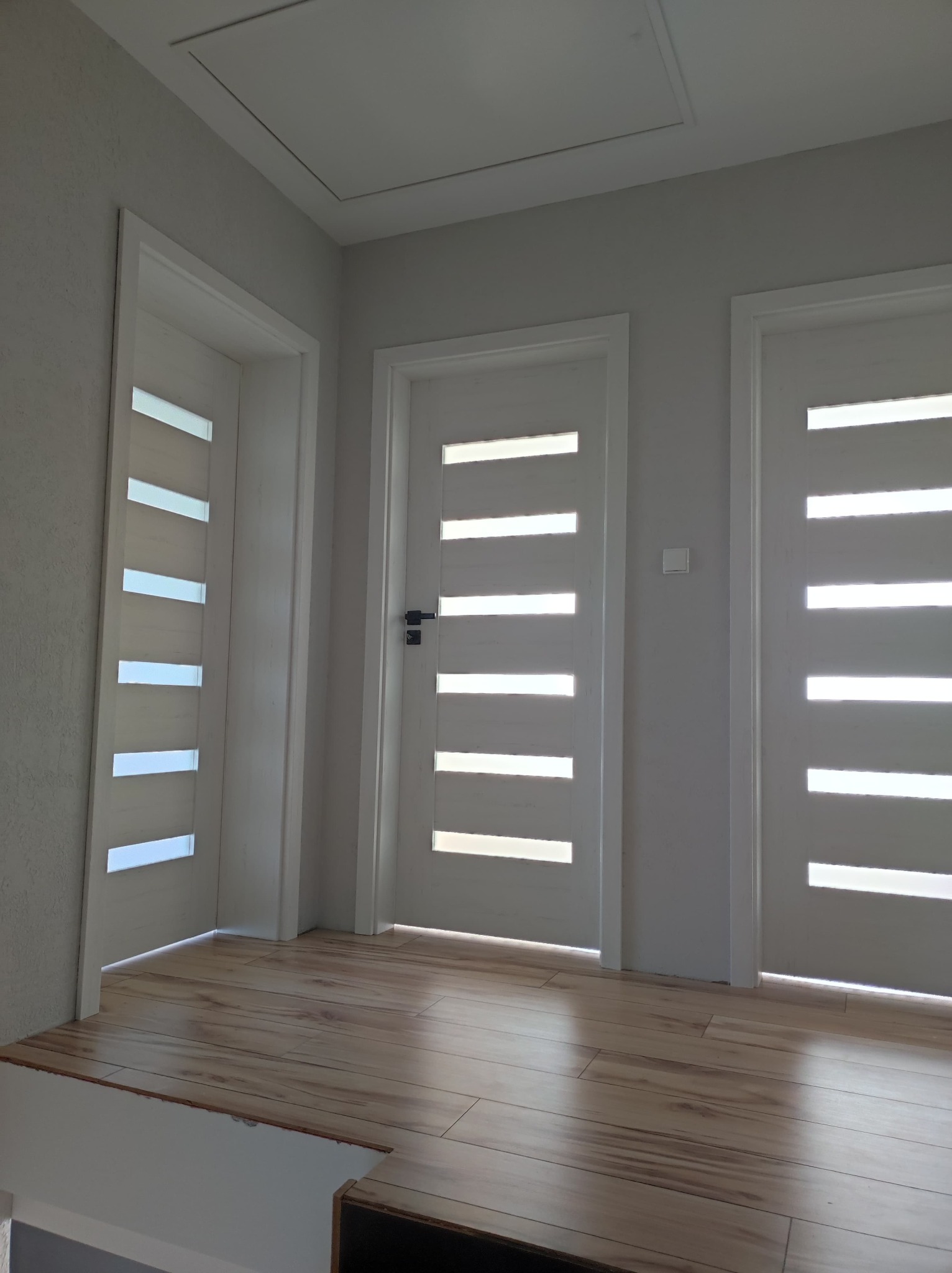 Korytarz z trzema białymi drzwiami z poziomymi przeszkleniami i panelami podłogowymi imitującymi drewno, widoczna klapa strychowa w suficie.