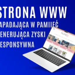 Laptop wyświetlający stronę internetową MumsLife na jaskrawym niebieskim tle. Tekst 'STRONA WWW ZAPADAJĄCA W PAMIĘĆ GENERUJĄCA ZYSKI RESPONSYWNA' nałożony na obraz.
