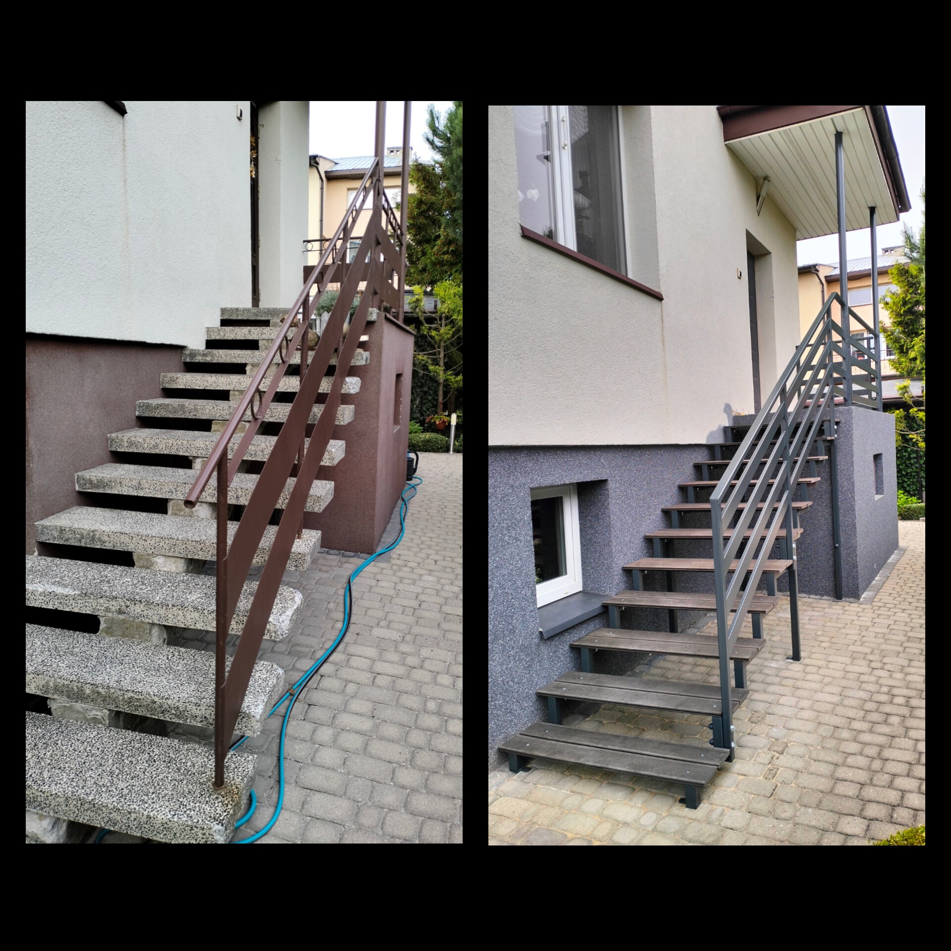 Porównanie schodów zewnętrznych: betonowe z brązową balustradą i drewniane z szarą balustradą. Widoczne detale wykończenia i otoczenie budynku.