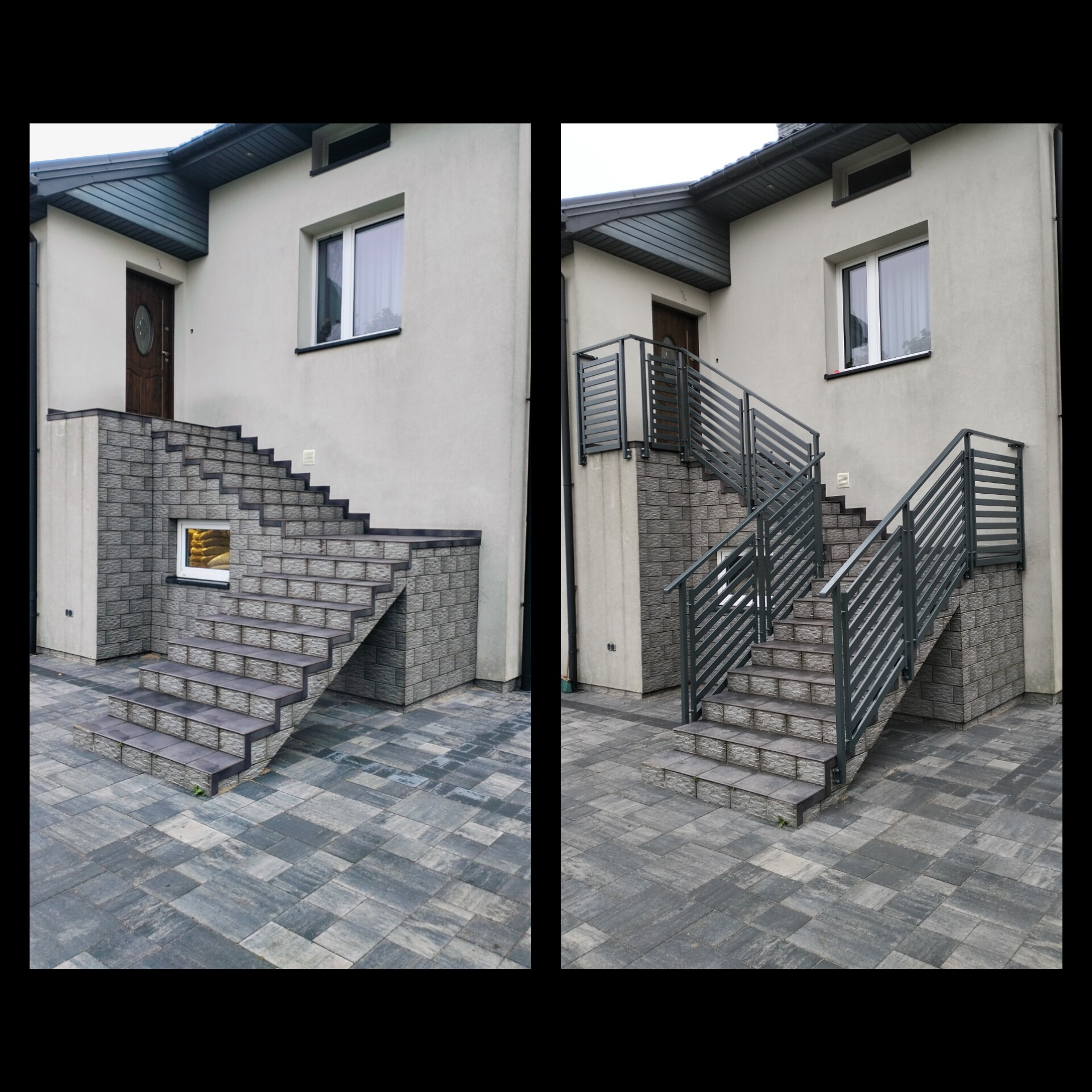 Porównanie schodów zewnętrznych: bez i z metalową balustradą. Schody wyłożone płytkami imitującymi kamień, prowadzące do drzwi wejściowych.