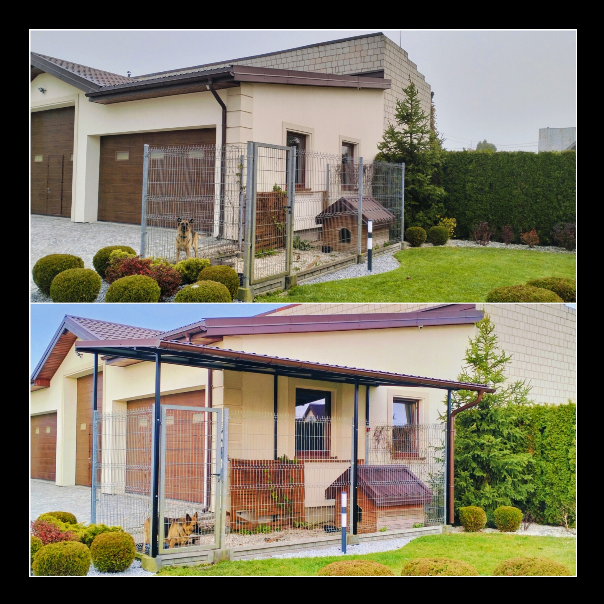 Zdjęcie 'przed i po' przedstawia posesję z kojcem dla psa. Na drugim ujęciu widoczna pergola nad kojcem, zapewniająca cień. Kojec z metalowej siatki.