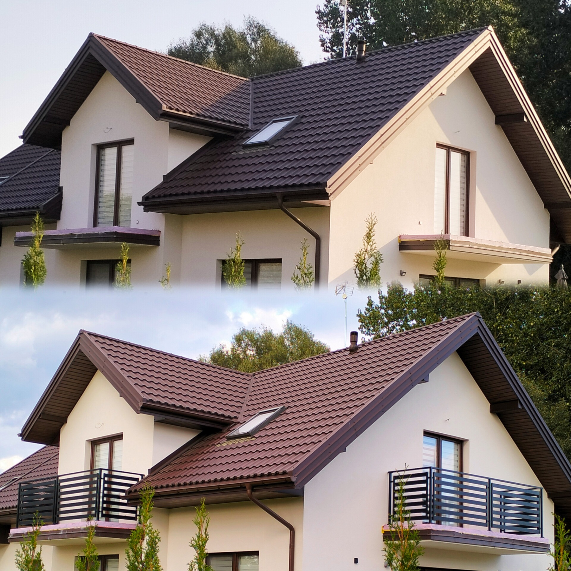 Dwukondygnacyjny dom z brązowym dachem i balkonami z czarną, poziomą balustradą. Widoczne okna, rynny i iglaki. Ujęcie z dołu, zieleń w tle.