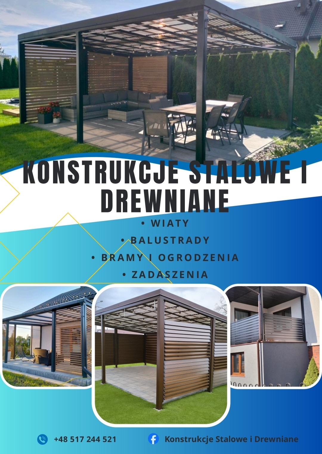 Nowoczesna pergola z elementami drewnianymi i metalową konstrukcją, wyposażona w meble ogrodowe, otoczona zielenią. Ujęcie z bliska, prezentujące detale wykończenia.