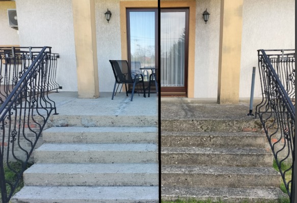 Porównanie stanu kostki brukowej przed i po czyszczeniu: widoczne schody wejściowe, część tarasu z meblami ogrodowymi. Lewa strona zdjęcia prezentuje czystą powierzchnię, prawa - zabrudzoną.