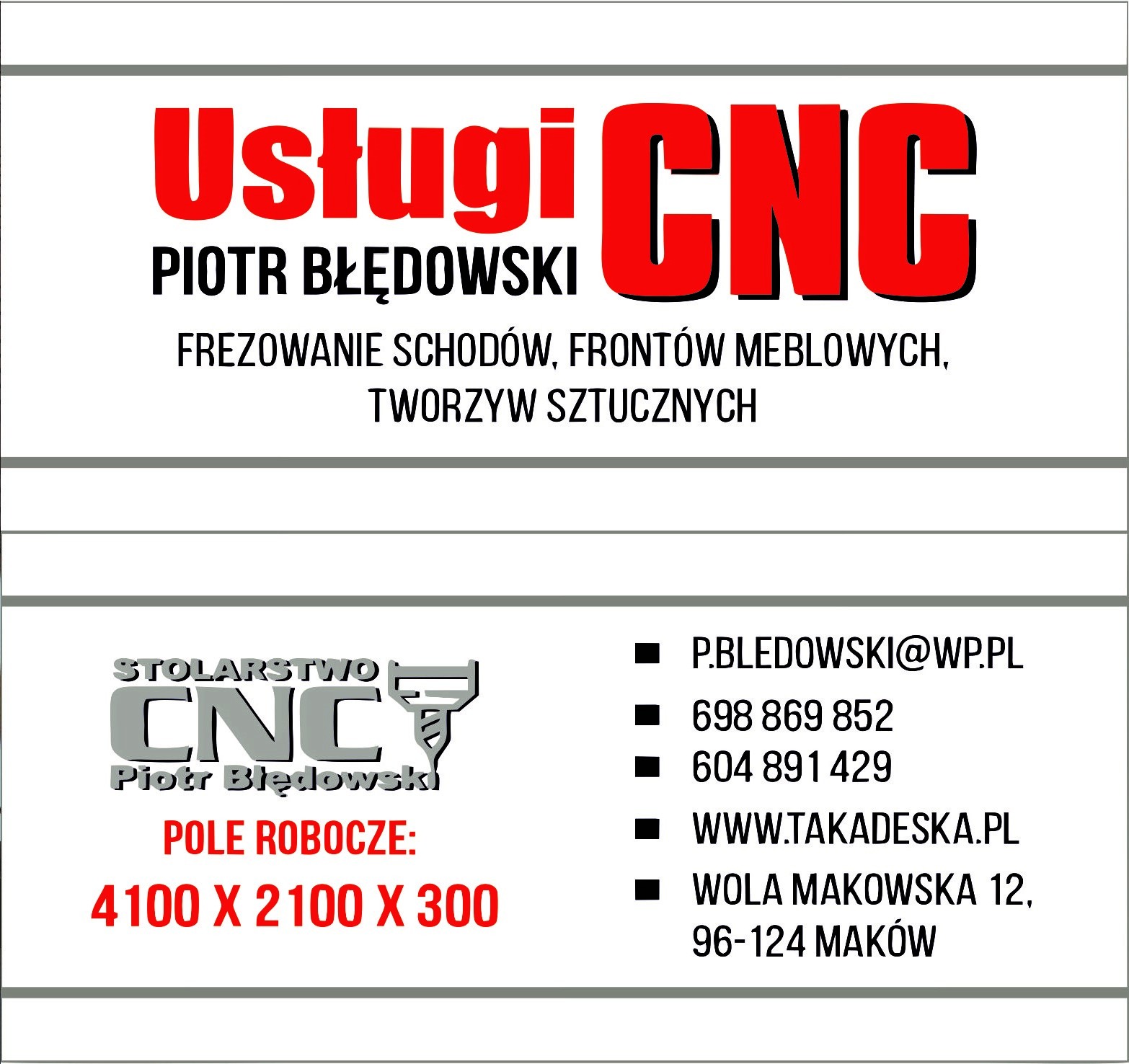Grafika reklamowa firmy stolarskiej Piotr Błędowski, oferującej frezowanie schodów, frontów meblowych i tworzyw sztucznych, z podanym adresem e-mail, numerami telefonów i adresem strony internetowej.