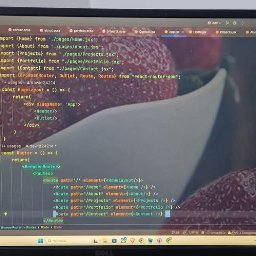 Dawid Grochowski - Ekran monitora Dell z kodem React i motywem truskawkowym w tle. Widoczny edytor kodu z otwartymi plikami .jsx. Programowanie stron WWW w praktyce.