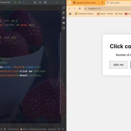 Dawid Grochowski - Ekran z kodem aplikacji 'Click counter' i jej działającym interfejsem w przeglądarce. Kod w edytorze, interfejs z przyciskami 'click me' i 'Reset'.