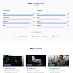 Portfolio programisty: sekcja 'Moje projekty' z przykładami stron internetowych, umiejętności i dane kontaktowe. Minimalistyczny design, fioletowe akcenty.