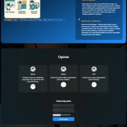 Ilustracja strony internetowej developera Dawida Grochowskiego z sekcjami: o firmie, funkcje, opinie i poznaj twórcę. Prezentacja w nowoczesnym stylu.